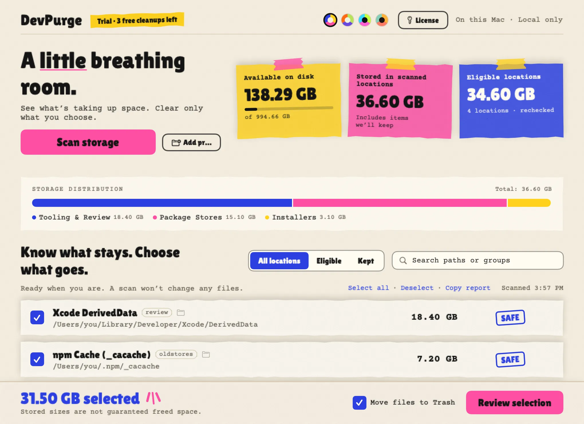 DevPurge dashboard after a scan: 138 GB free, 34.6 GB eligible, Xcode DerivedData and npm cache ticked and marked safe.