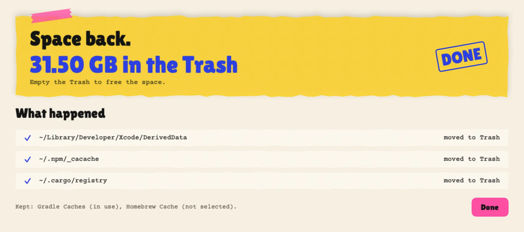 Results: 31.5 GB in the Trash, each path marked moved to Trash, Gradle kept because it was in use.